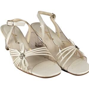 Annie White Slingback Sandals 6M Open Toe Clear Heel Strappy Bow Rhinestones